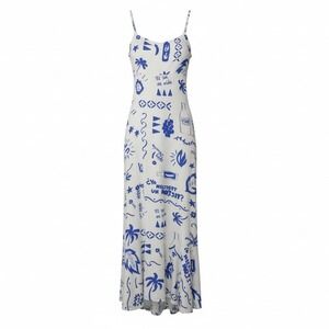 Paper Heart Women Maxi Dress L Blue White Graphic Print Tie Back Coastal Boho